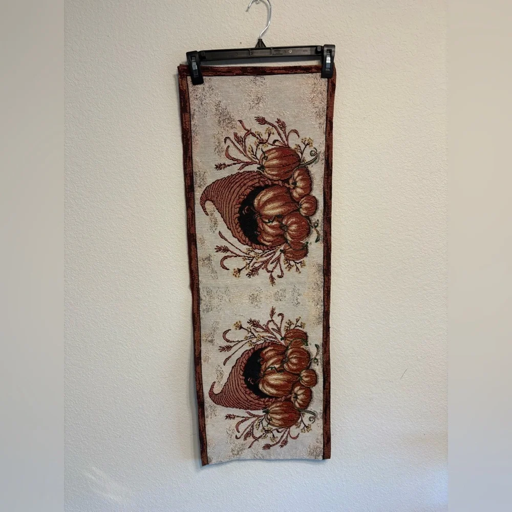 Fall Tapestry Table Runner Pumpkins and Cornucopias. Festive table setting. PO